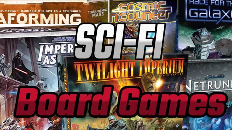 A collage of the best sci-fi board game covers, showcasing titles like "Twilight Imperium," "Terraforming Mars," and "Race for the Galaxy." The words "Best Sci-Fi Board Games" are prominently displayed in the center.