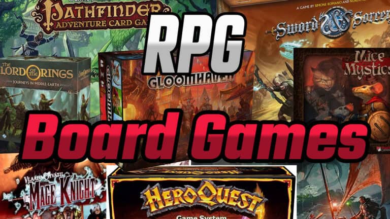 Collage of RPG board games including Pathfinder, Gloomhaven, and Lord of the Rings for an immersive gaming experience in 2024. Featuring Sword & Sorcery, Mice & Mystics, Mage Knight, and HeroQuest. The text "RPG Board Games" is prominently displayed.