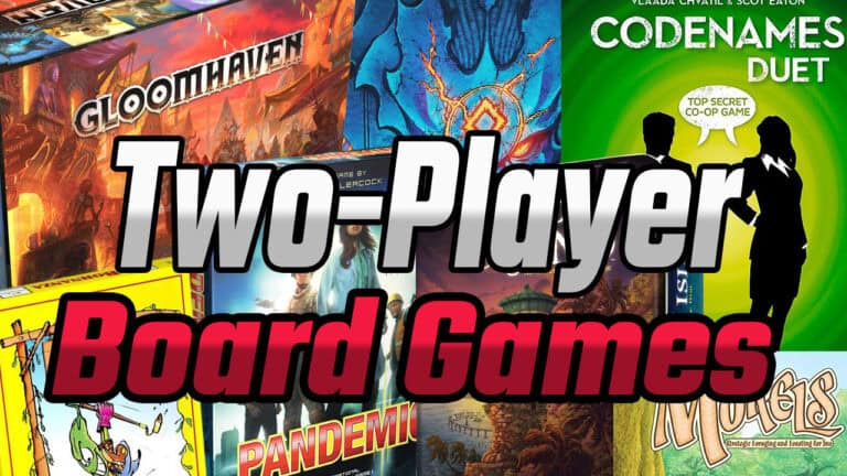 A collage of 2024 board game boxes with the text "Best 2-Player Board Games" overlayed. Featured games include Gloomhaven, Codenames Duet, Pandemic, and more, showcasing top options for two players.