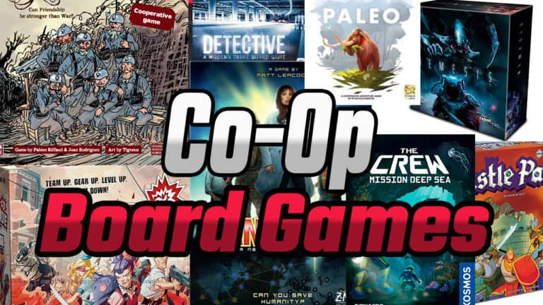 Collage of the best cooperative board games, featuring popular titles like Detective, Paleo, The Crew: Mission Deep Sea, and more. "Co-Op Board Games" stands out boldly in the center, highlighting some of the finest board games 2024 has to offer.