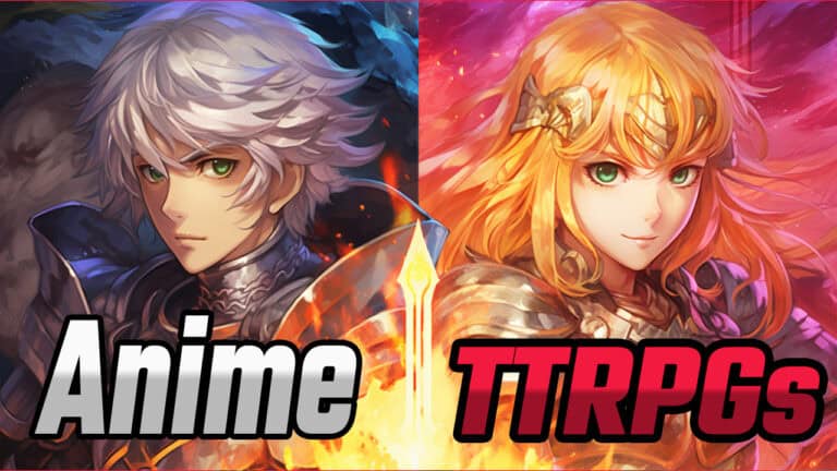 Split image featuring two anime-style characters: a silver-haired warrior in armor on the left and a golden-haired character in armor on the right. Bold text reads "Anime 2024" on the left and "TTRPGs" on the right, capturing the essence of upcoming tabletop roleplaying games.