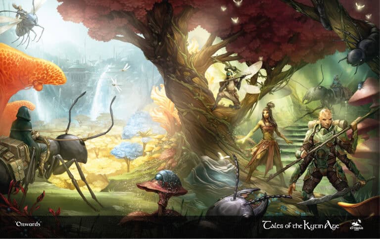 A fantasy adventure scene unfolds as armored characters ride giant insects through a vibrant forest. Trees with colorful foliage and peculiar plants surround them. One character is perched on a branch, while others traverse on giant ants. Text reads "Tales of the Kynn Age"—a TTRPG journey awaits.